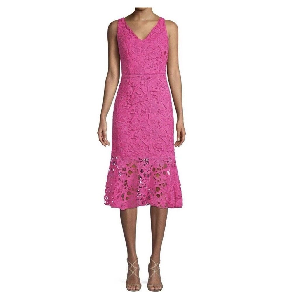 Alexia Admor Crotchet Lace Sheath Midi Dress in Hot Pink 10 NWOT